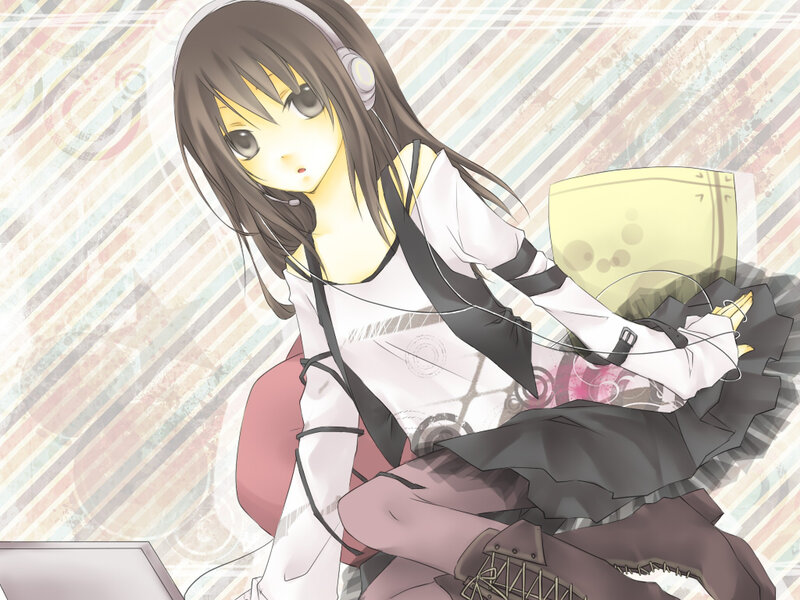 Anime Girl with Headphones — White, Calm, Laptop