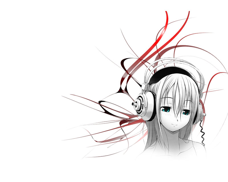 Anime Girl with Headphones — White, Calm, Red Lines
