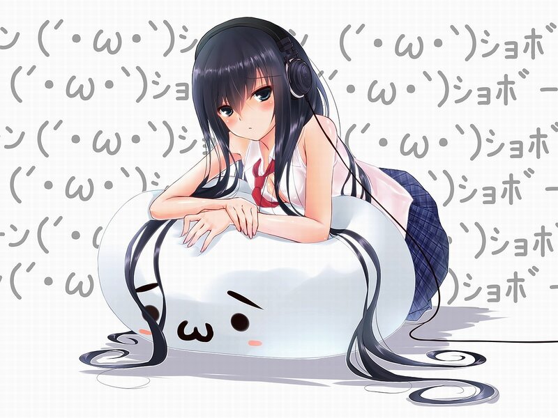 Anime Girl with Headphones — White, Calm, School Uniform, Pillow