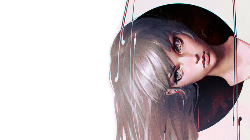 Anime Girl with Headphones — White, Dramatic, Digital Art, Blood