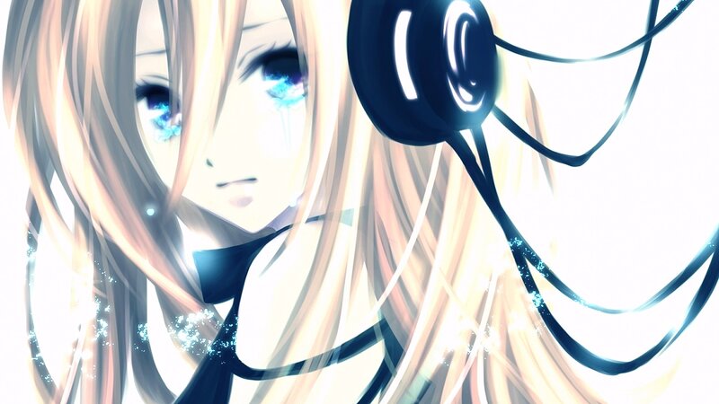 Anime Girl with Headphones — White, Dramatic, Digital Art, Tears, Sparkles