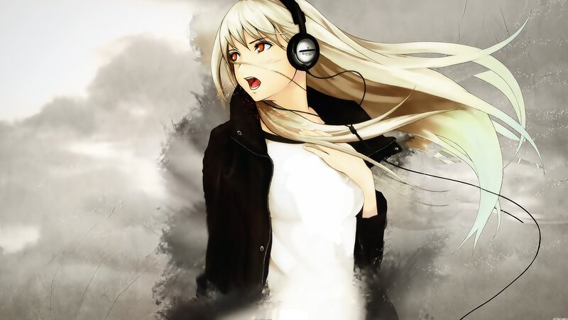 Anime Girl with Headphones — White, Dramatic, Digital Art