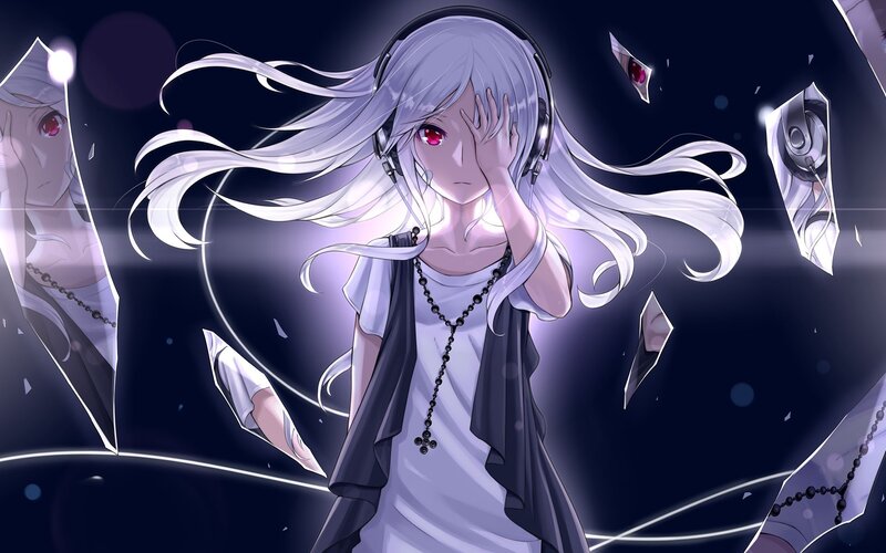 Anime Girl with Headphones — White, Dramatic, Night