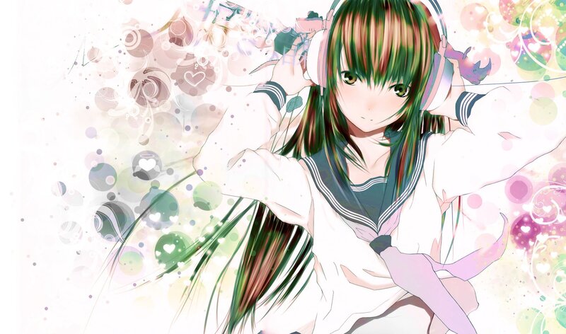 Anime Girl with Headphones — White, Dreamy, Digital Art