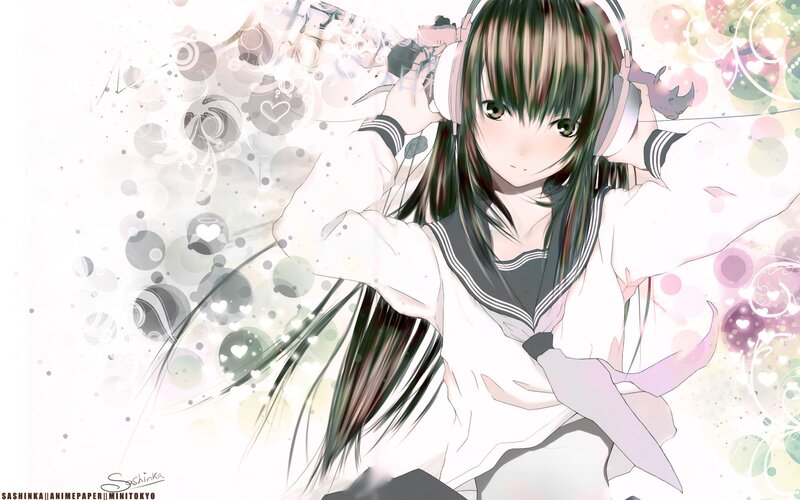 Anime Girl with Headphones — White, Dreamy, School Uniform