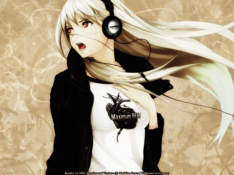 Anime Girl with Headphones — White, Dynamic, Long Hair