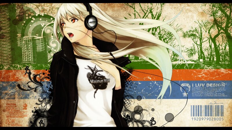 Anime Girl with Headphones — White, Dynamic