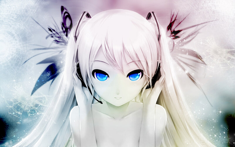 Anime Girl with Headphones — White, Ethereal, Digital Art