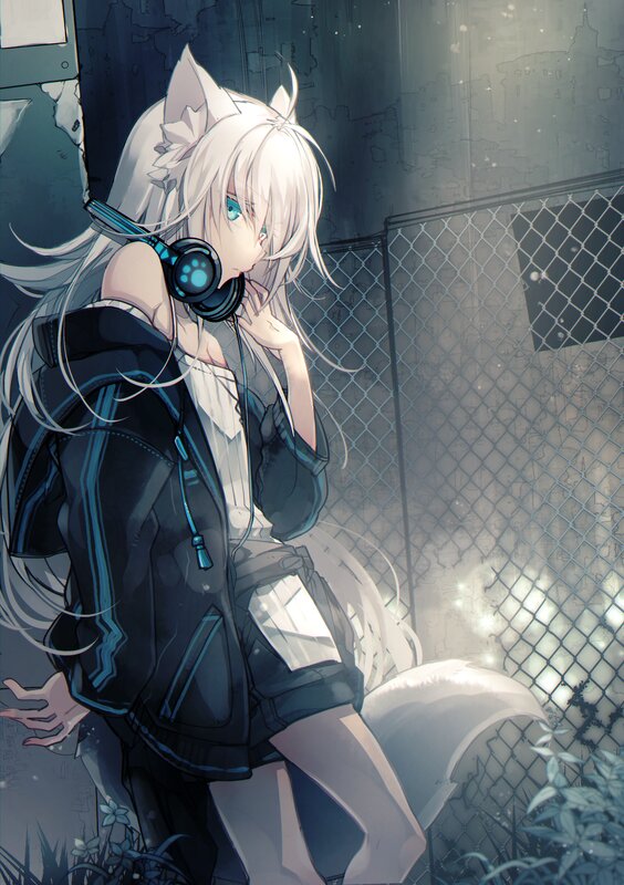 Anime Girl with Headphones — White, Melancholic, Night