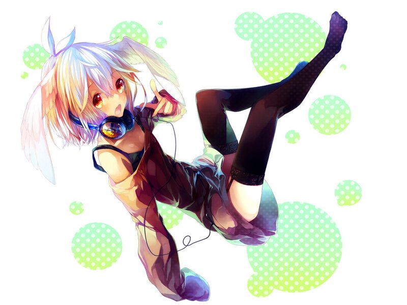 Anime Girl with Headphones — White, Playful, Digital Art