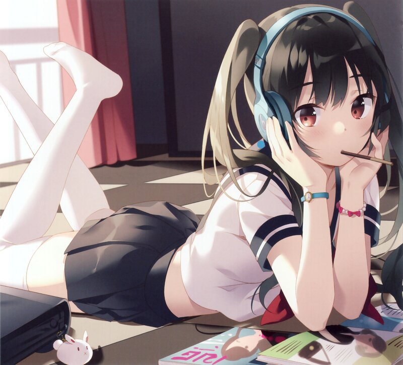 Anime Girl with Headphones — White, Relaxed, Afternoon