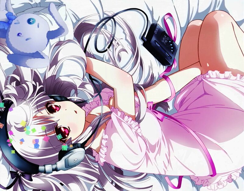 Anime Girl with Headphones — White, Relaxed, Walkman