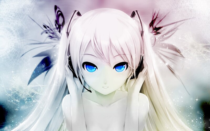 Anime Girl with Headphones — White, Serene, Digital Art, Blue Eyes