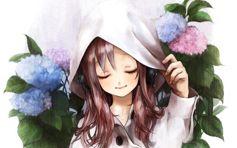 Anime Girl with Headphones — White, Serene, Digital Art, Hydrangea Flowers, Raincoat