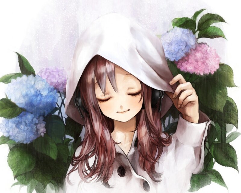 Anime Girl with Headphones — White, Serene, Digital Art, Hydrangea Flowers