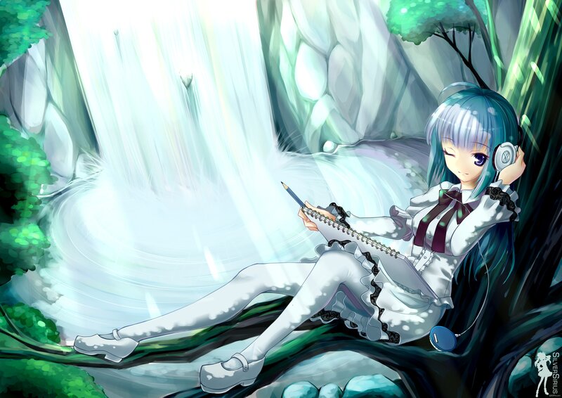 Anime Girl with Headphones — White, Serene, Digital Art, Notebook, Pencil