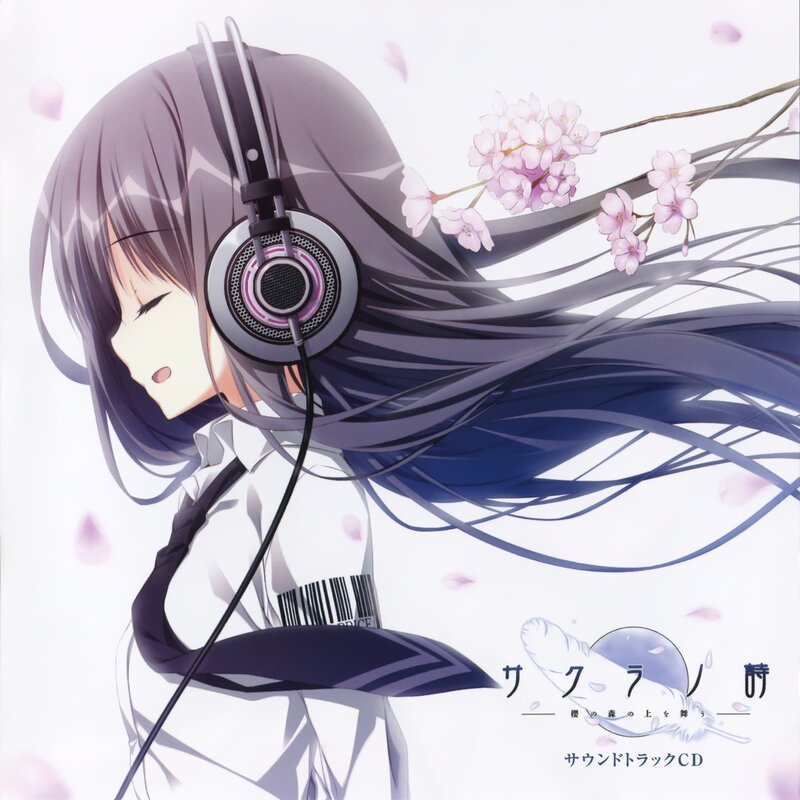 Anime Girl with Headphones — White, Serene, Spring, Cherry Blossoms