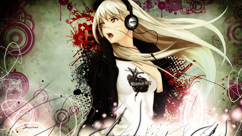 Anime Girl with Headphones — White