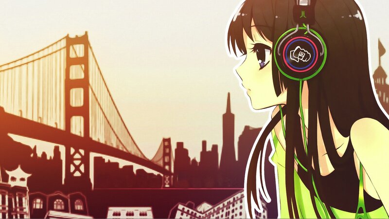 Anime Girl with Headphones — Yellow, Calm, Sunset