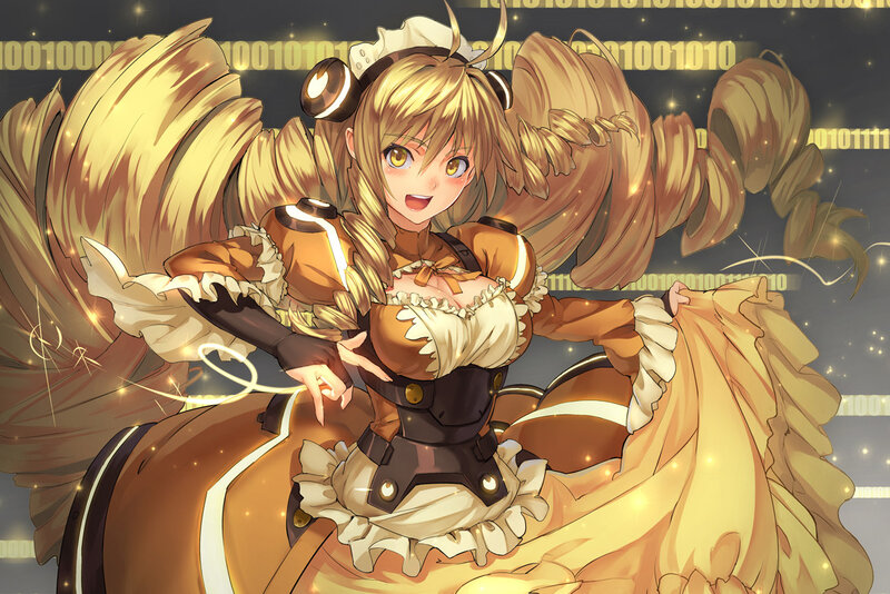 Anime Girl with Headphones — Yellow, Energetic, Digital Art, Binary Code