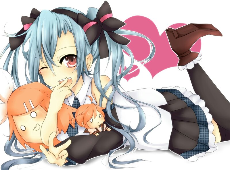 Anime girl with heart and dolls