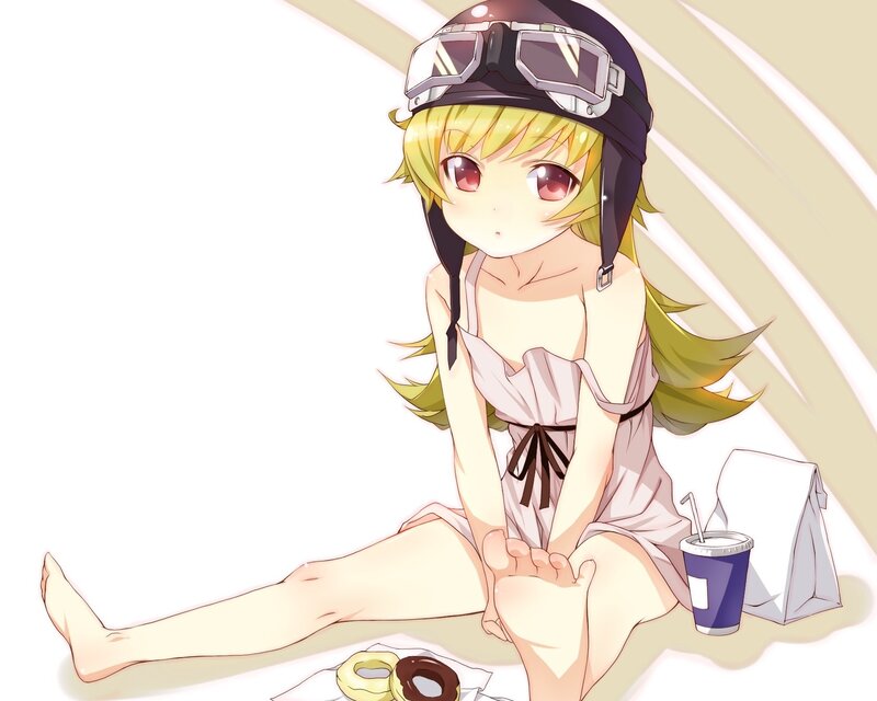 anime girl with helmet and snacks