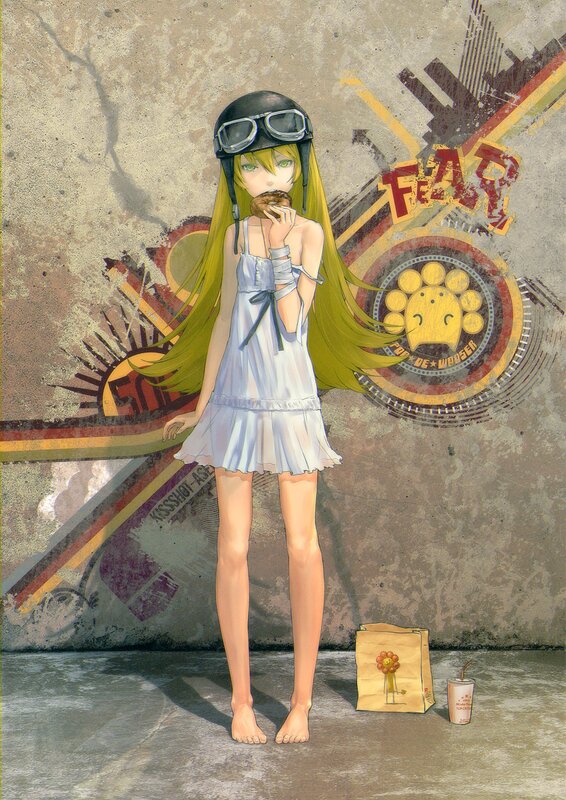 Anime girl with helmet eating donut