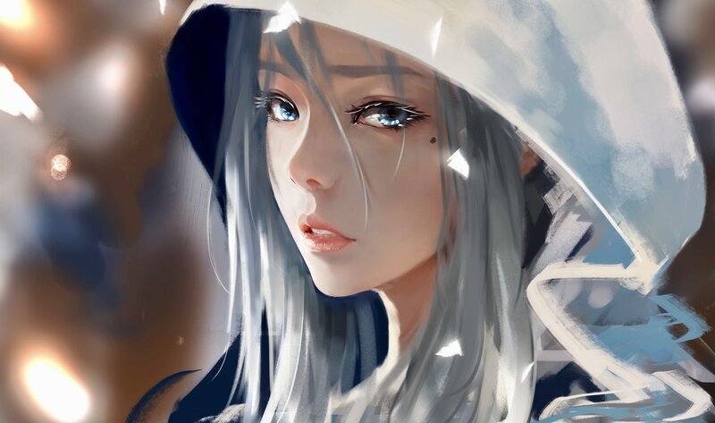 Anime Girl with Hood — White, Dramatic