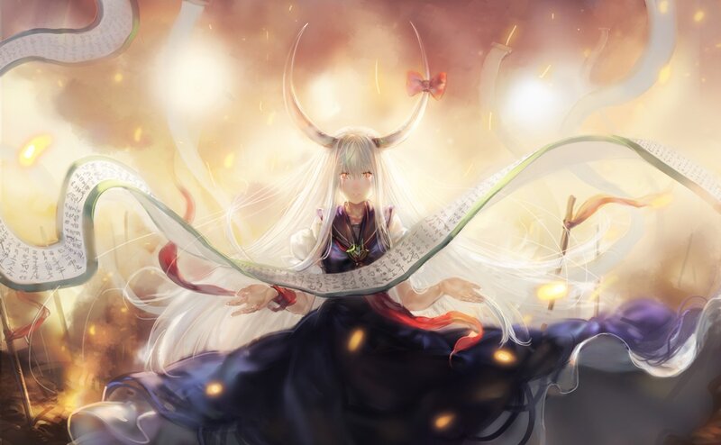 Anime girl with horns and scrolls