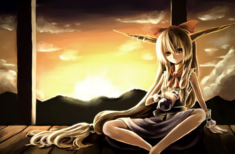 anime girl with horns at sunset