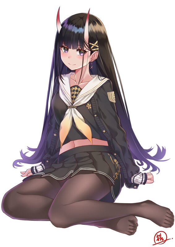 Anime Girl with Horns — Black, Calm, Digital Art, School Uniform