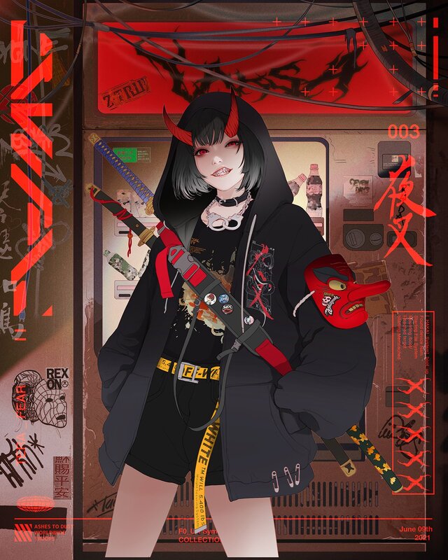 Anime Girl with Horns — Black, Dark, Night, Digital Art
