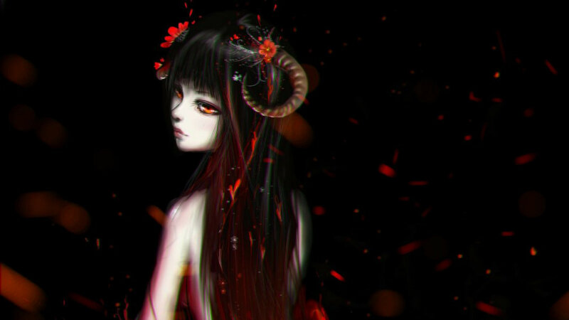 Anime Girl with Horns — Black, Dark, Night