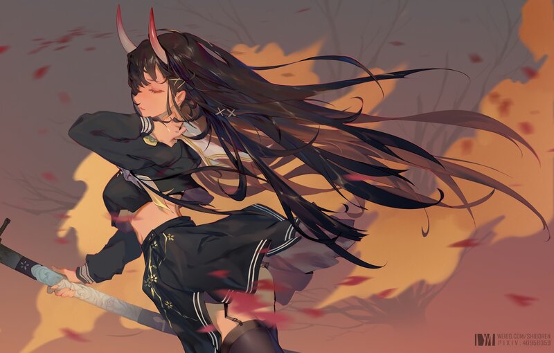 Anime Girl with Horns — Black, Dramatic, Autumn