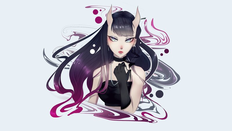 Anime Girl with Horns — Black, Dramatic, Digital Art, Long Hair