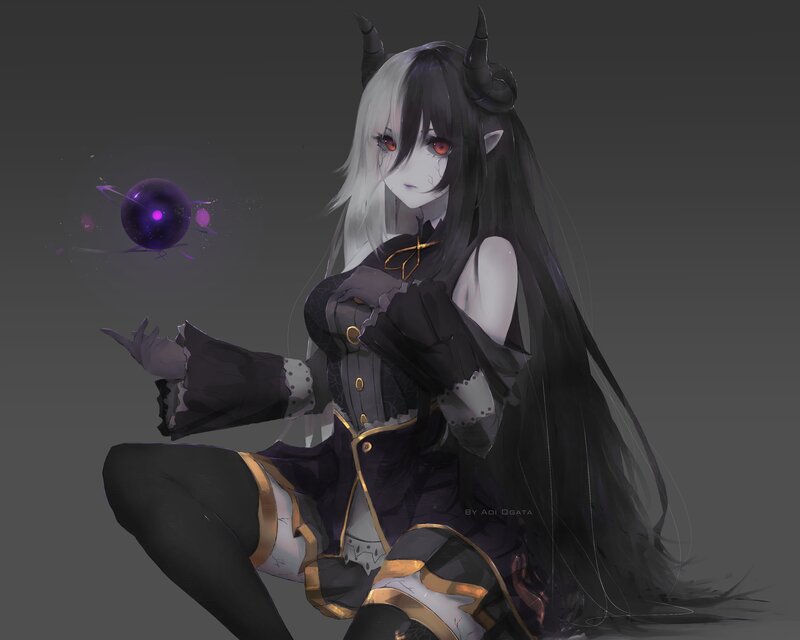 Anime Girl with Horns — Black, Dramatic, Digital Art, Magic Sphere