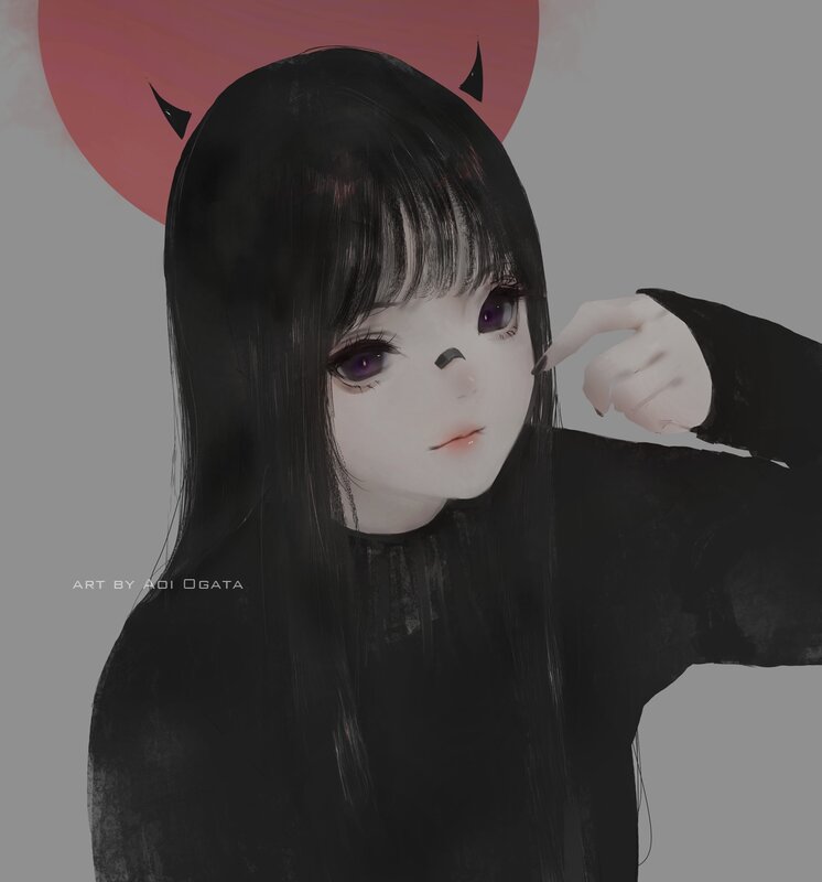 Anime Girl with Horns — Black, Dramatic, Digital Art, Purple Eyes