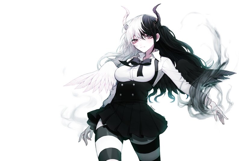 Anime Girl with Horns — Black, Dramatic, Digital Art, Wings, Skirt