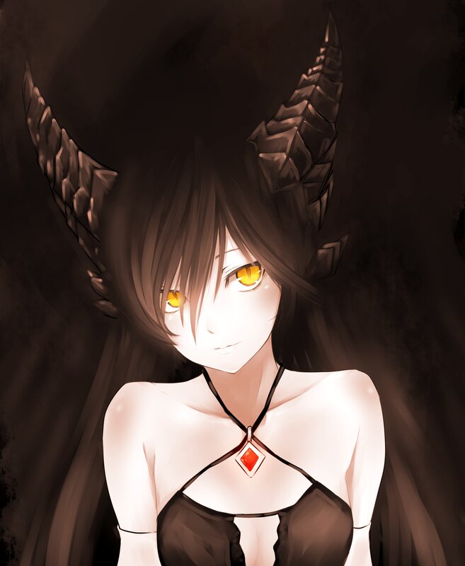 Anime Girl with Horns — Black, Dramatic, Digital Art, Yellow Eyes