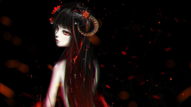 Anime Girl with Horns — Black, Dramatic, Night, Digital Art, Flowers