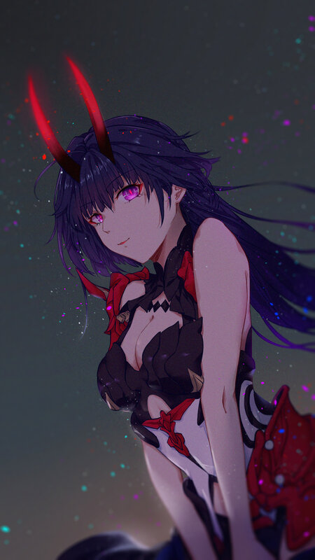 Anime Girl with Horns — Black, Dramatic, Night, Digital Art, Red Eyes