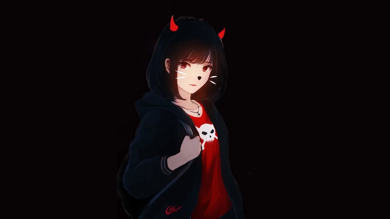 Anime Girl with Horns — Black, Dramatic, Night, Digital Art, Red Horns