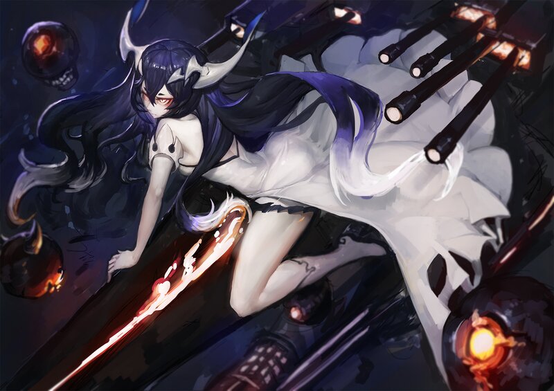 Anime Girl with Horns — Black, Dramatic, Night, Digital Art, Skulls