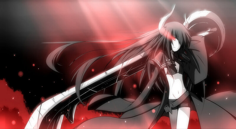 Anime Girl with Horns — Black, Dramatic, Sword