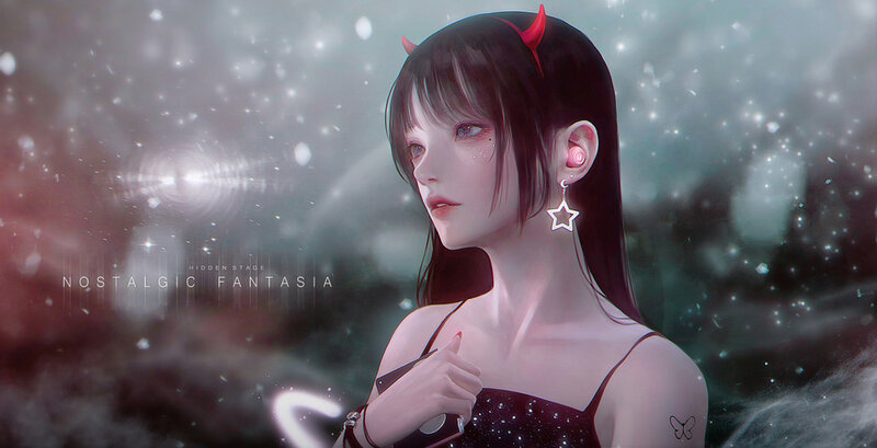 Anime Girl with Horns — Black, Dreamy, Digital Art