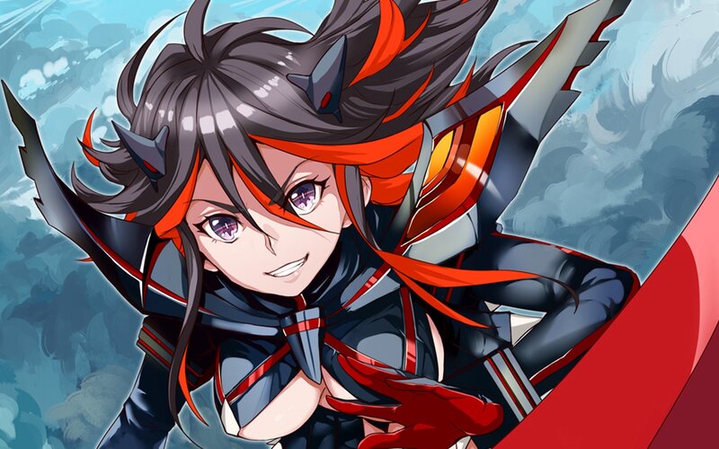 Anime Girl with Horns — Black, Dynamic, Red Scarf