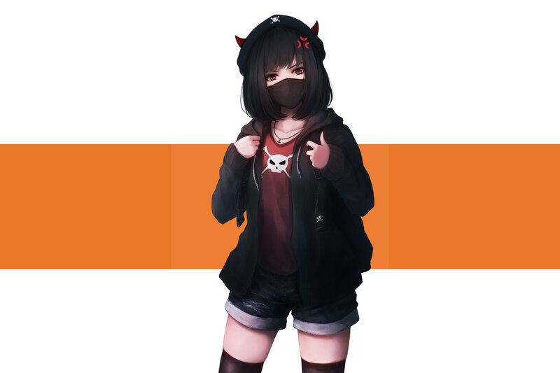 Anime Girl with Horns — Black, Neutral, Digital Art, Mask
