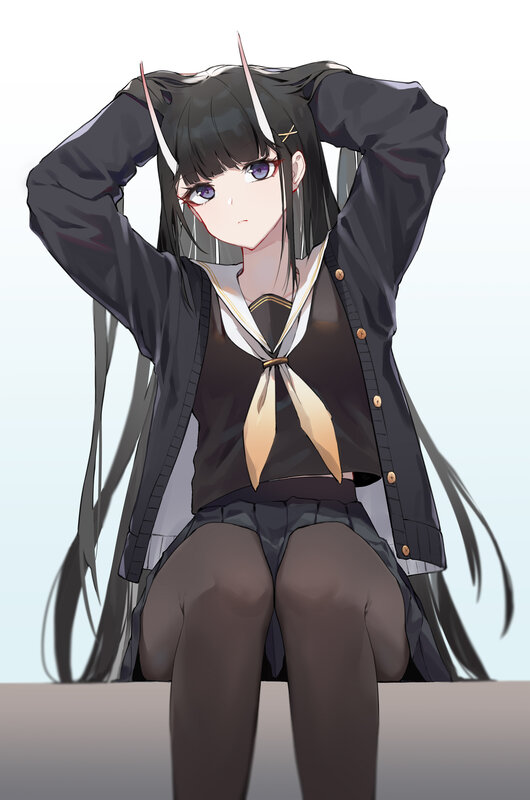 Anime Girl with Horns — Black, Neutral, Digital Art, School Uniform