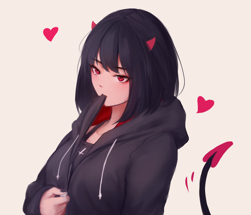 Anime Girl with Horns — Black, Playful, Digital Art, Tail, Hearts