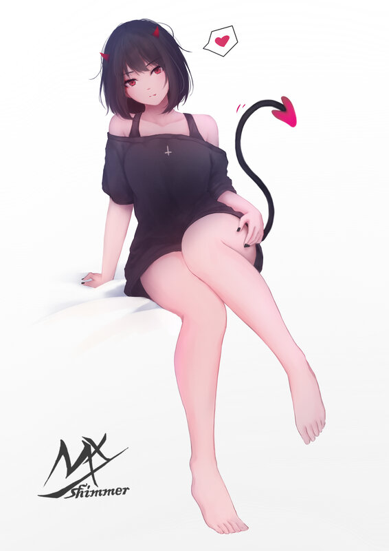Anime Girl with Horns — Black, Playful, Digital Art, Tail